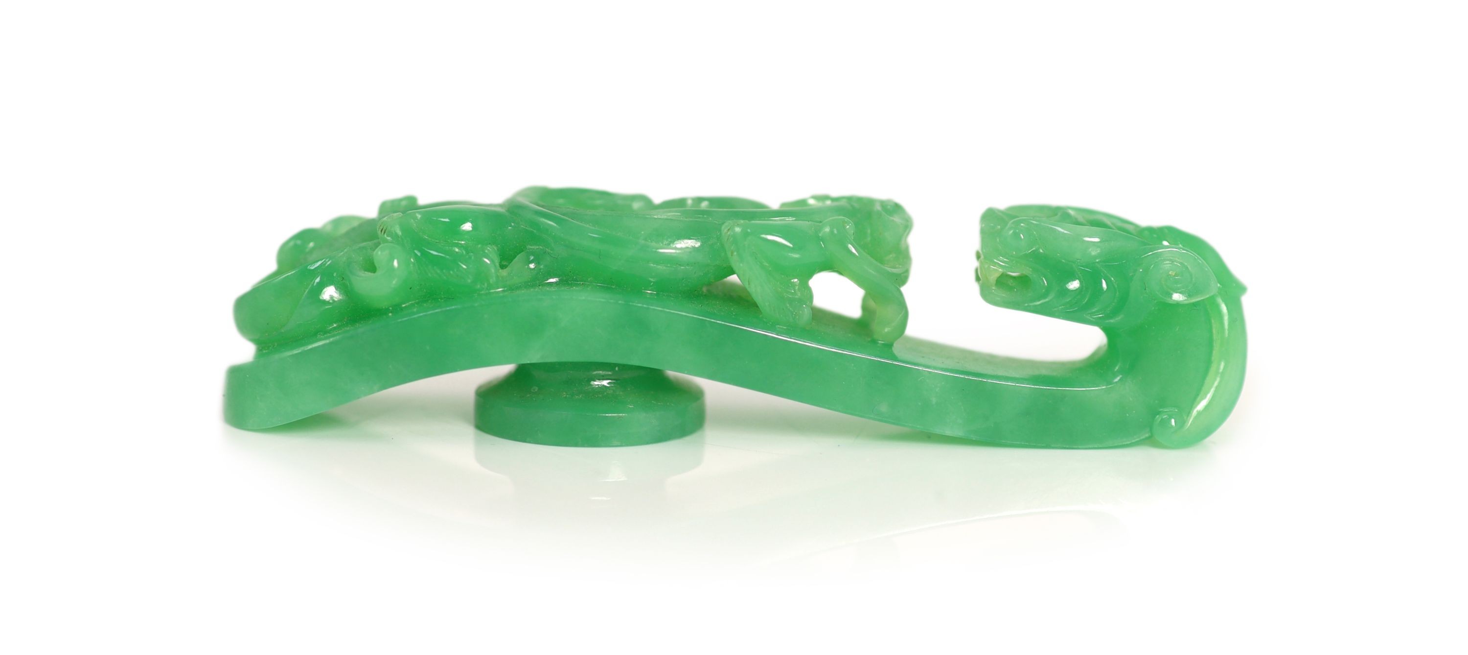 A Chinese jadeite ‘dragon’ belt hook, 8.8cm long